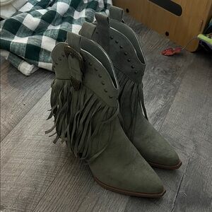 Fringe Western Ankle Boots - Olive Green